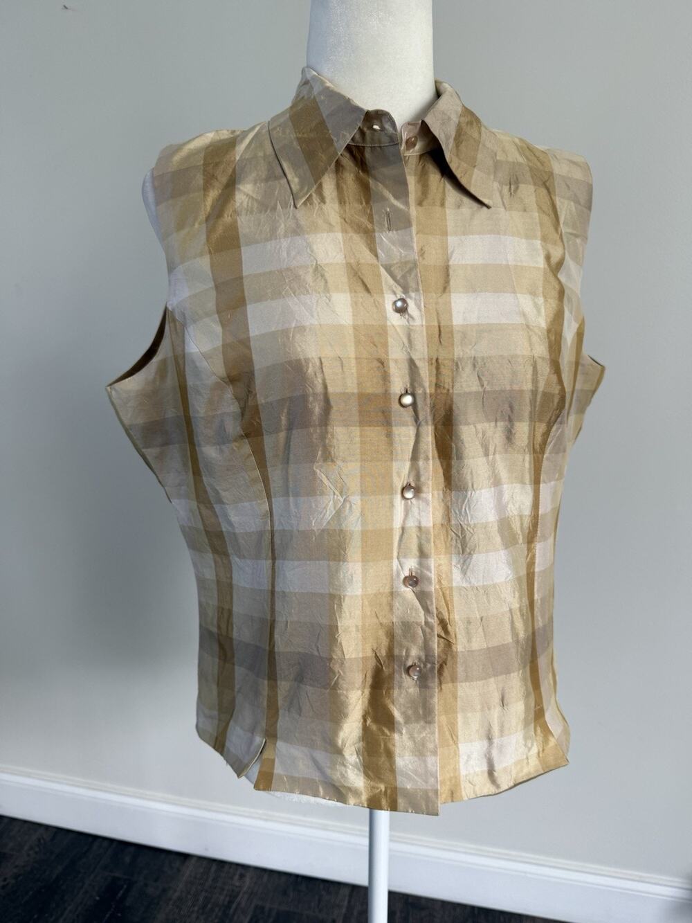 Silkland Women Gold Beige Tones Plaid Sleeveless Button Blouse Top 100% Silk XL